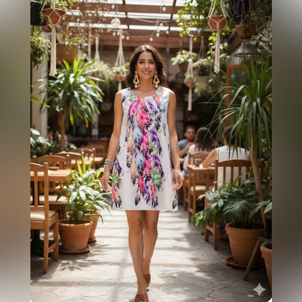 Vibrant Feather Print Mini Dress